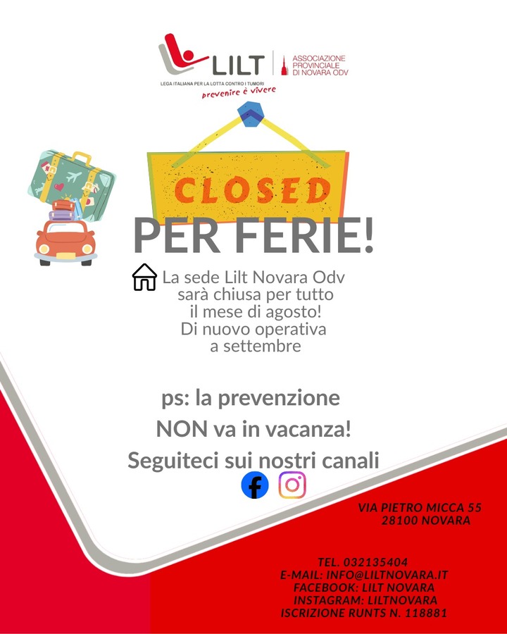 Ferie: sede chiusa per tutto agosto